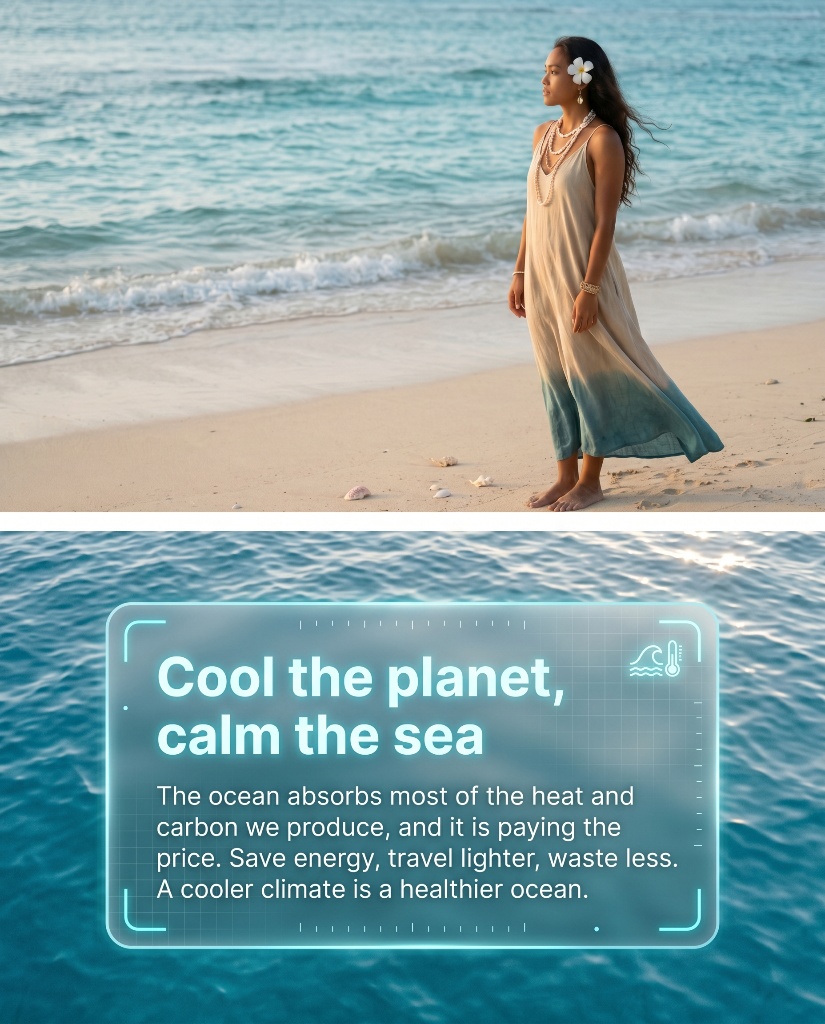 Cool the planet, calm the sea — The ocean absorbs most of the heat and carbon we produce, and it is paying the price. Save energy, travel lighter, waste less. A cooler climate is a healthier ocean.