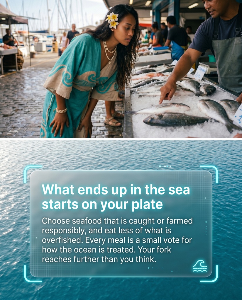 What ends up in the sea starts on your plate — Choose seafood that is caught or farmed responsibly, and eat less of what is overfished. Every meal is a small vote for how the ocean is treated. Your fork reaches further than you think.