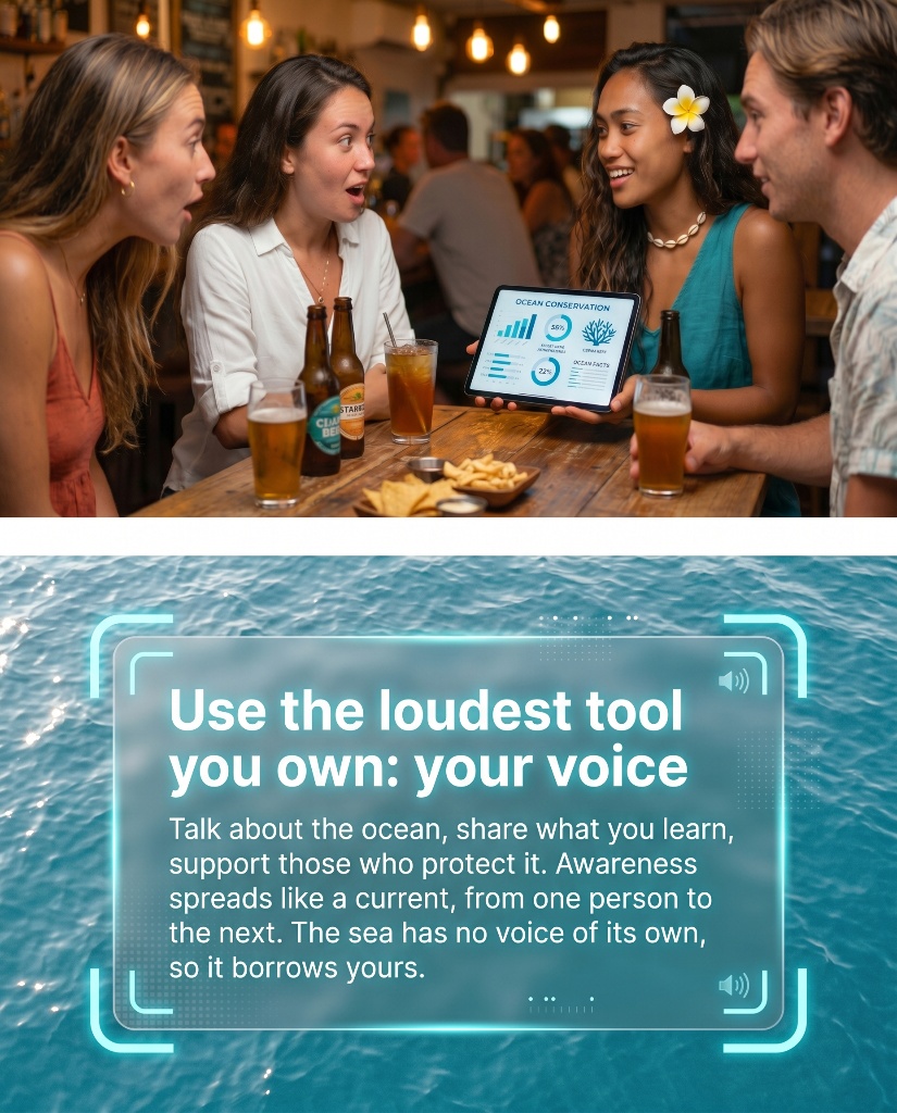 Use the loudest tool you own: your voice — Talk about the ocean, share what you learn, support those who protect it. Awareness spreads like a current, from one person to the next. The sea has no voice of its own, so it borrows yours.