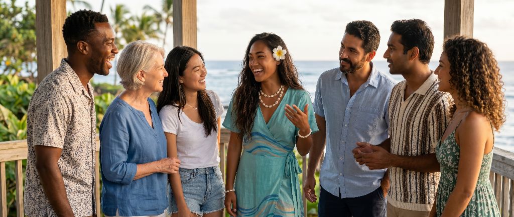 Moana with a tiare flower in her hair standing at the center of a diverse circle of seven friends — young and elder, from many cultures — laughing together under a wooden veranda by the ocean, embodying Laulima: many hands, many hearts, one sea