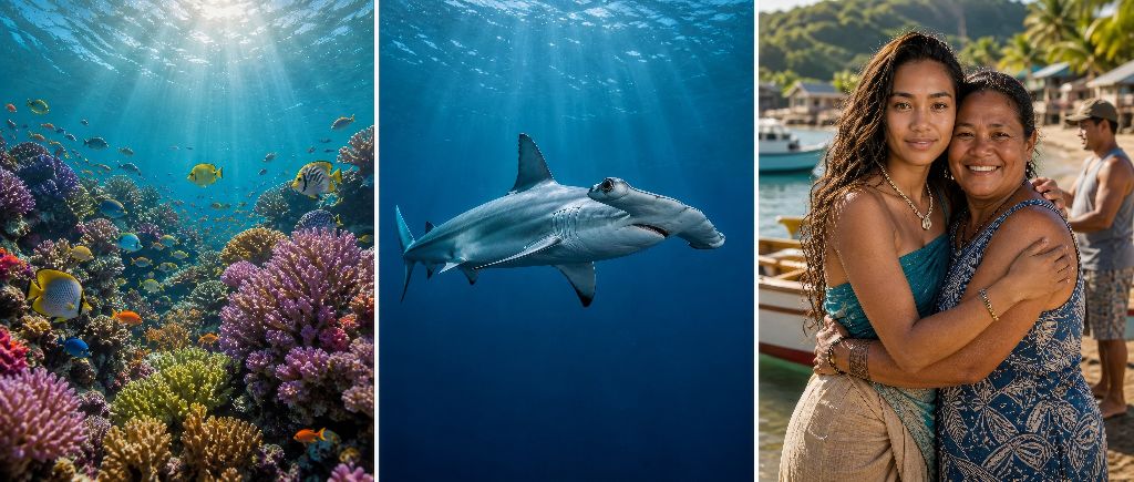 Three faces of ocean impact — a vibrant living coral reef teeming with tropical fish, a majestic hammerhead shark gliding through blue water, and a warm embrace between two women in a Polynesian fishing village where microloans support local families