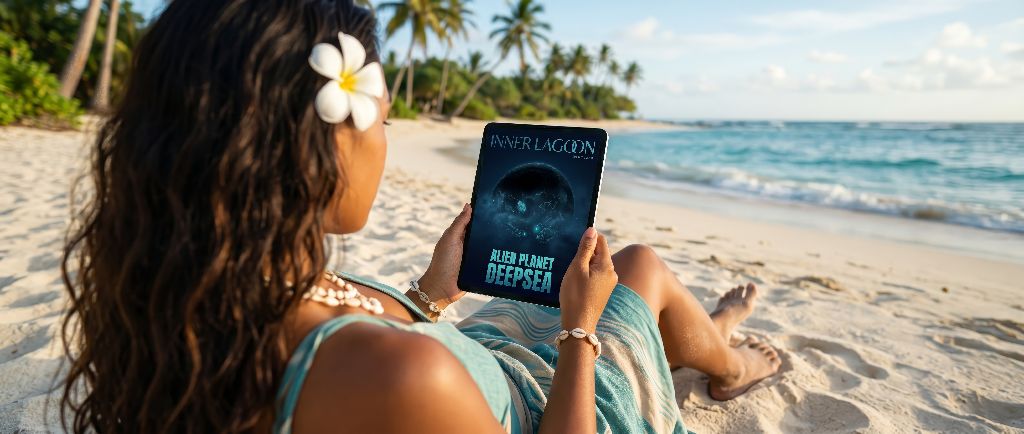 Moana with a tiare flower in her hair, sitting barefoot on a sun-warmed Polynesian beach, reading the current Inner Lagoon Magazine issue 'Alien Planet Deepsea' on a tablet — the ocean unrolling in gentle waves beside her