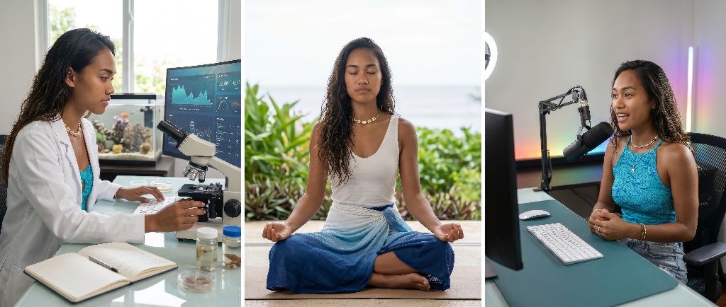 Three sides of Moana — marine biologist in her white lab coat at the microscope with reef data on screen and a coral aquarium behind her, meditating in lotus position by the ocean in a blue-ombré sarong with cowrie shell necklace, and podcasting at her studio microphone in an ocean-blue top