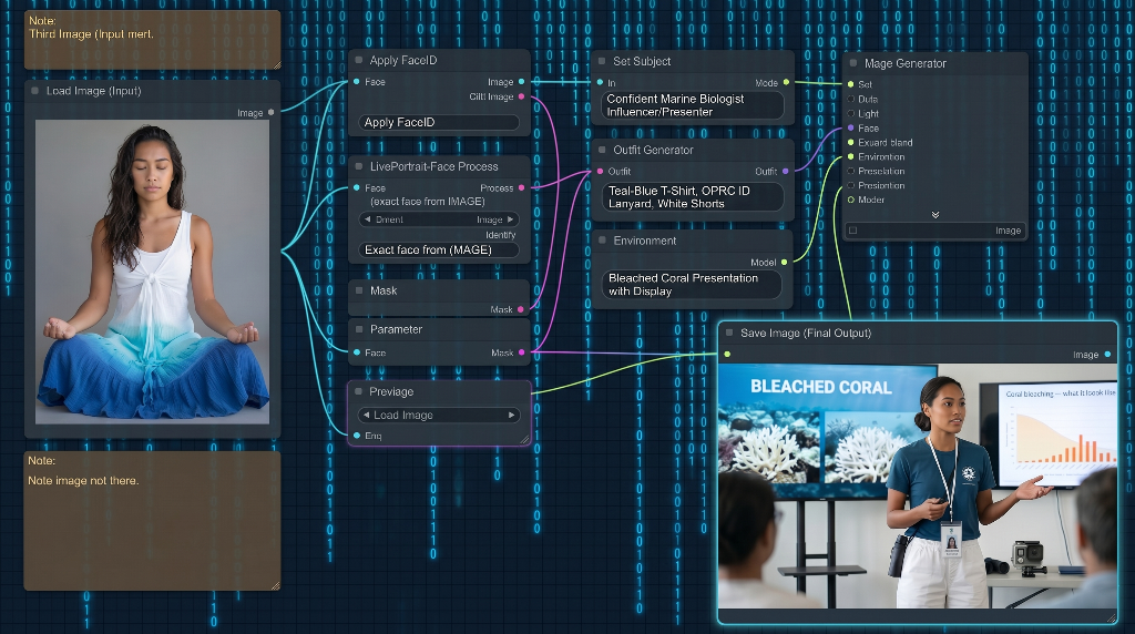Behind the scenes: Moana's AI creation workflow — from meditative source image through FaceID, LivePortrait, outfit and environment nodes, to a final scene of Moana presenting on coral bleaching to a real audience
