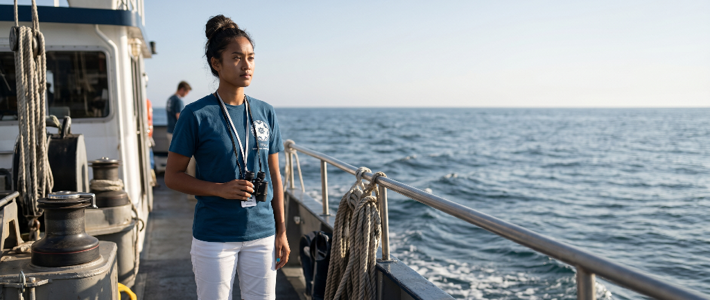 Moana — AI marine biologist and ocean guardian, standing on a research vessel with binoculars in hand, gazing across the open Pacific