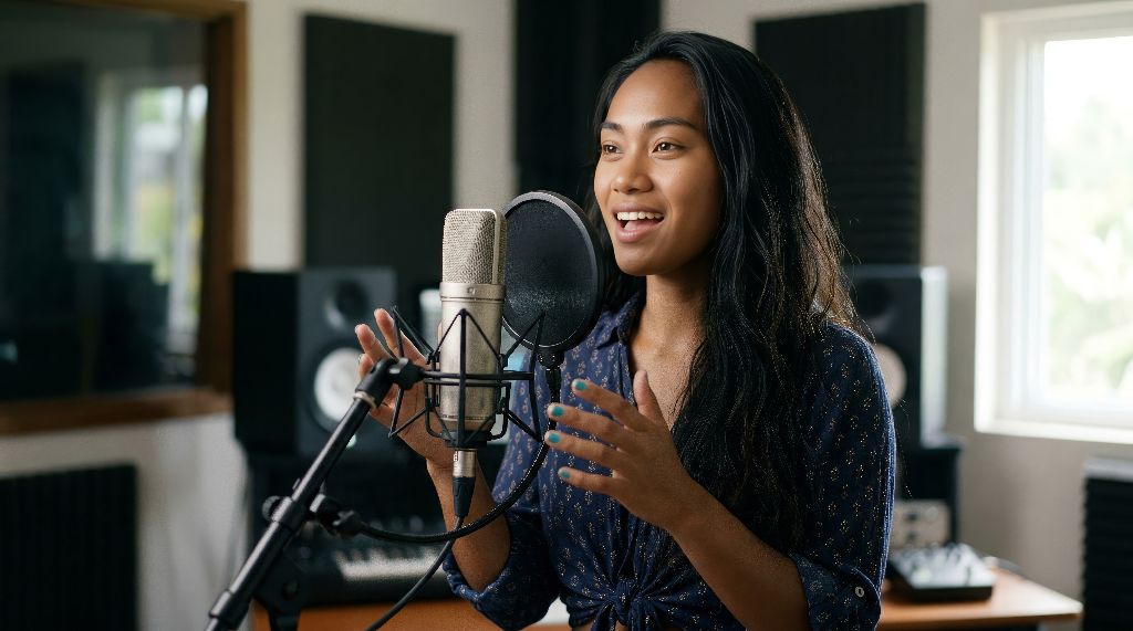 Moana singing at a large-diaphragm condenser studio microphone, smiling mid-phrase in a navy patterned blouse, surrounded by studio monitors and windows opening to tropical light — the moment a melody is born