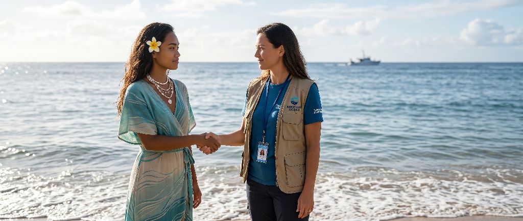 Moana in flowing Polynesian dress with a tiare flower in her hair shaking hands with a marine conservation officer in a Restore Ocean vest at the shoreline, a research vessel on the horizon — a symbol of partnership between traditional wisdom and modern ocean science