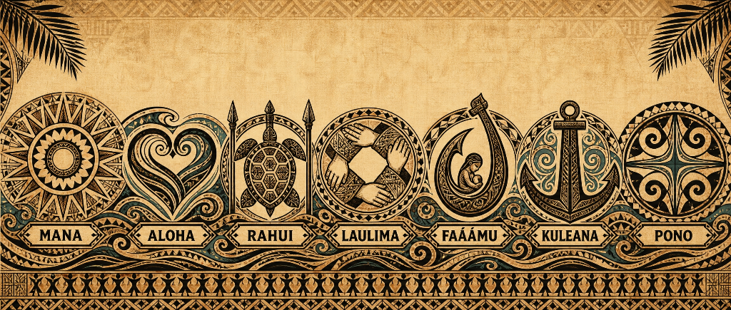Seven Polynesian ocean principles illustrated as ornate tapa-style engravings on aged parchment — Mana (sun), Aloha (heart), Rāhui (sea turtle), Laulima (joined hands), Faáamu (canoe with elder and child), Kuleana (anchor), and Pono (compass star), framed by palm fronds