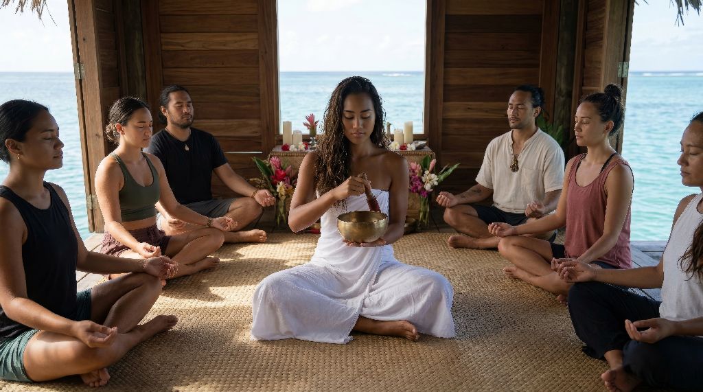 Sacred meditation circle in a Polynesian overwater fale — Moana at the center in a white pareo playing a Tibetan singing bowl, surrounded by six friends seated in lotus position with eyes closed, tropical flowers as altar, the turquoise Moorea lagoon shimmering beyond the wooden walls