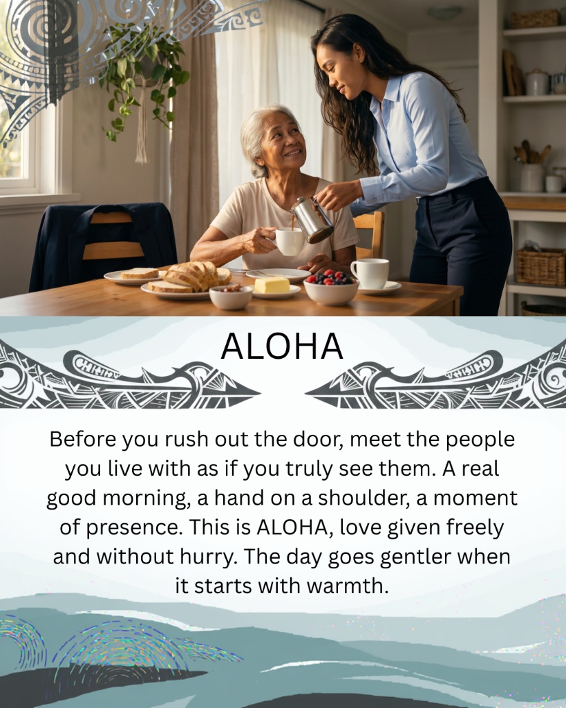 ALOHA — Before you rush out the door, meet the people you live with as if you truly see them. This is ALOHA, love given freely and without hurry.
