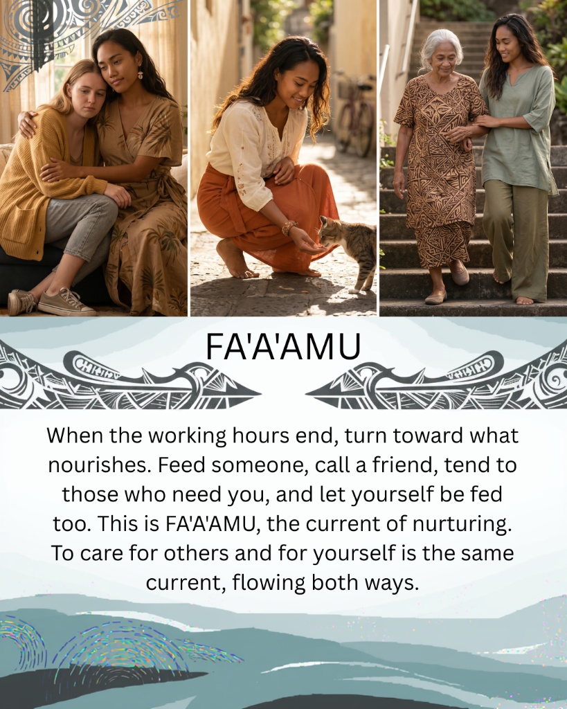FA'A'AMU — When the working hours end, turn toward what nourishes. This is FA'A'AMU, the current of nurturing, flowing both ways.