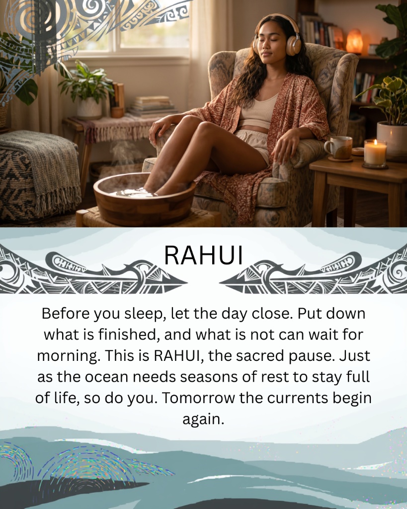 RAHUI — Before you sleep, let the day close. This is RAHUI, the sacred pause. Tomorrow the currents begin again.