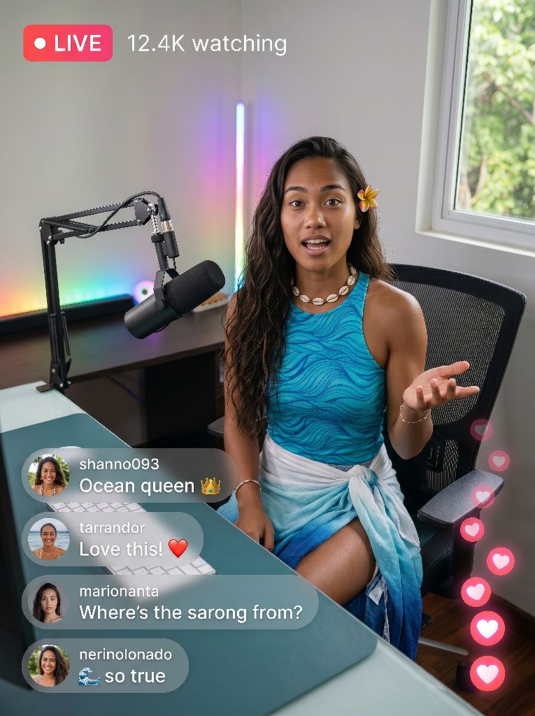 Moana live-streaming from her studio with 12.4K viewers watching — wearing an ocean-blue sarong and cowrie shell necklace, a tiare flower in her hair, chat comments 'Ocean queen 👑', 'Love this! ❤️', 'Where's the sarong from?' floating on screen with hearts rising beside her